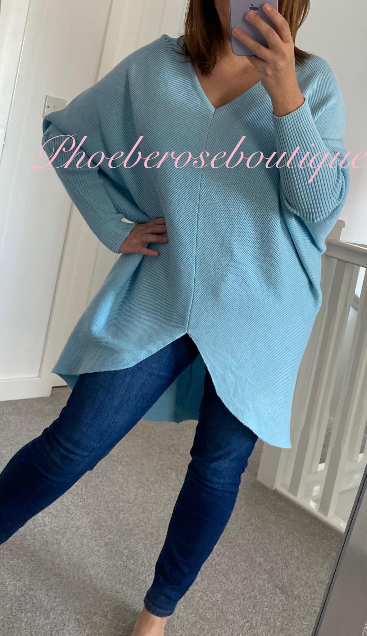 Soft Ribbed Slouch Cut Out Back Hi/Low Tunic/Jumper - Baby Blue - Image 3