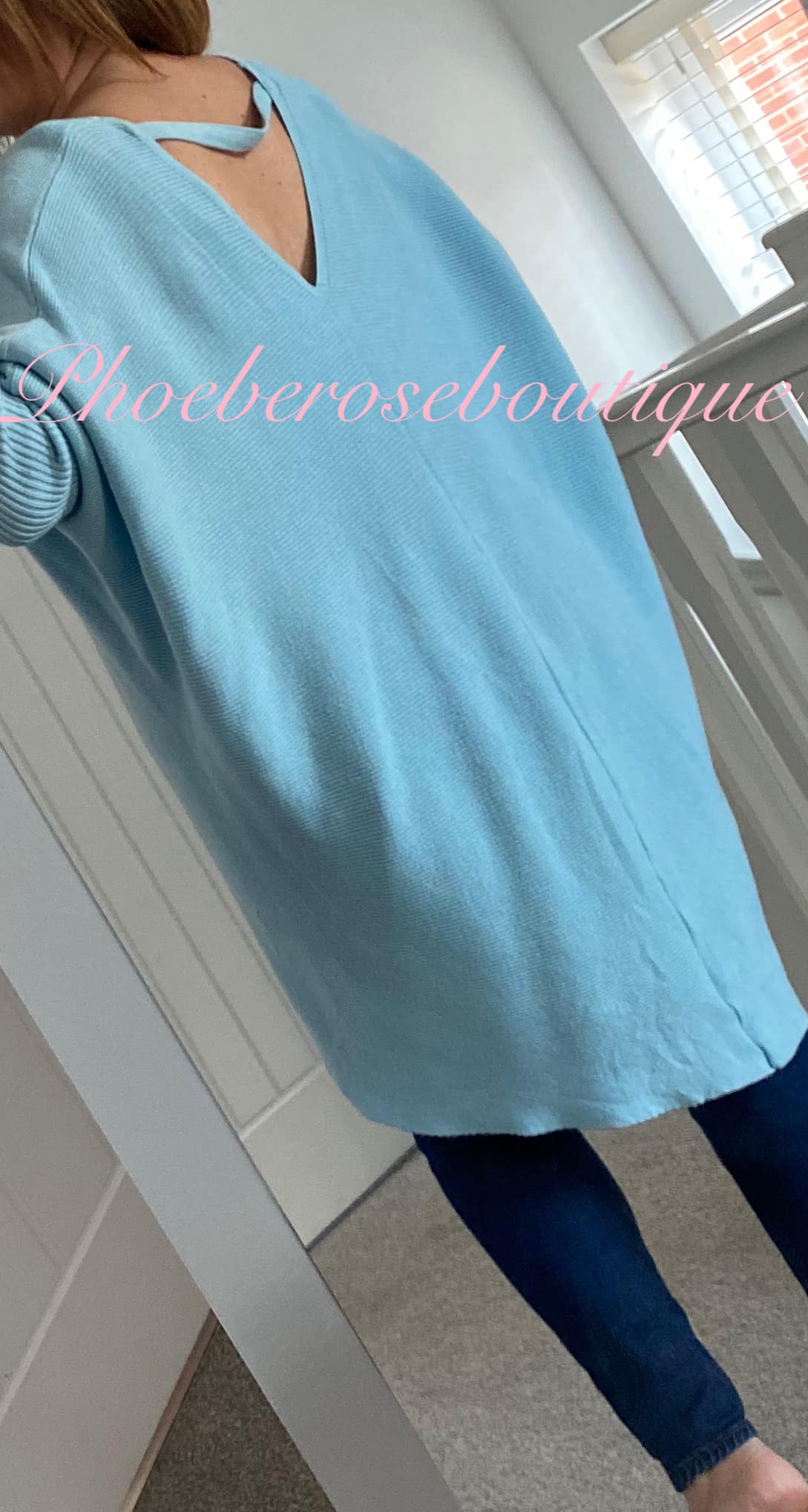 Soft Ribbed Slouch Cut Out Back Hi/Low Tunic/Jumper - Baby Blue
