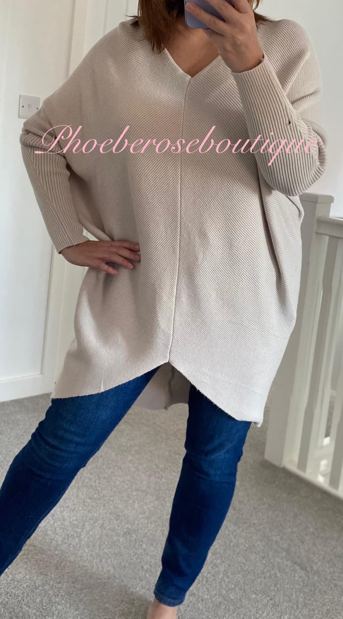 Soft Ribbed Slouch Cut Out Back Hi/Low Tunic/Jumper - Stone