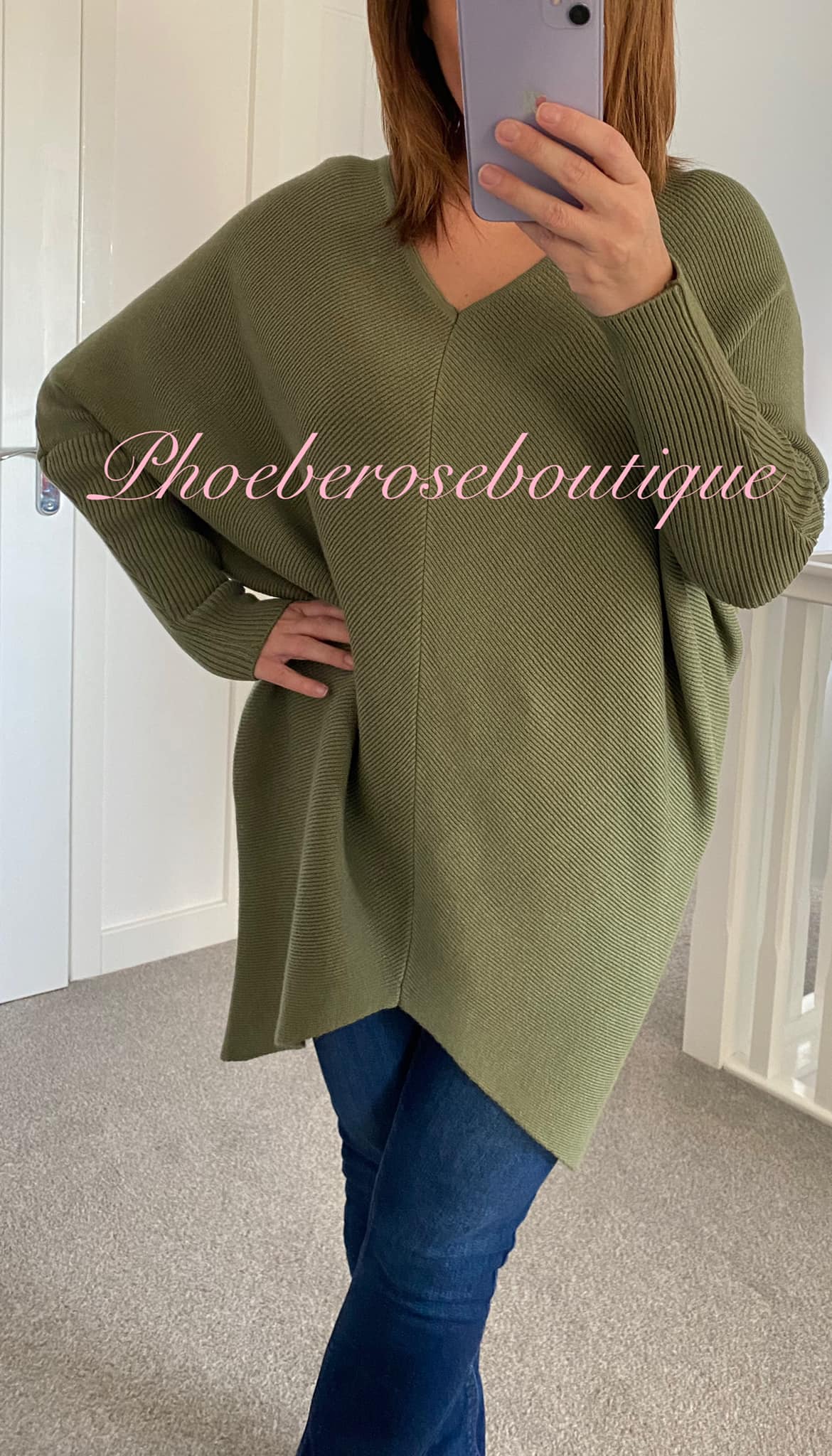 Soft Ribbed Slouch Cut Out Back Hi/Low Tunic/Jumper - Khaki