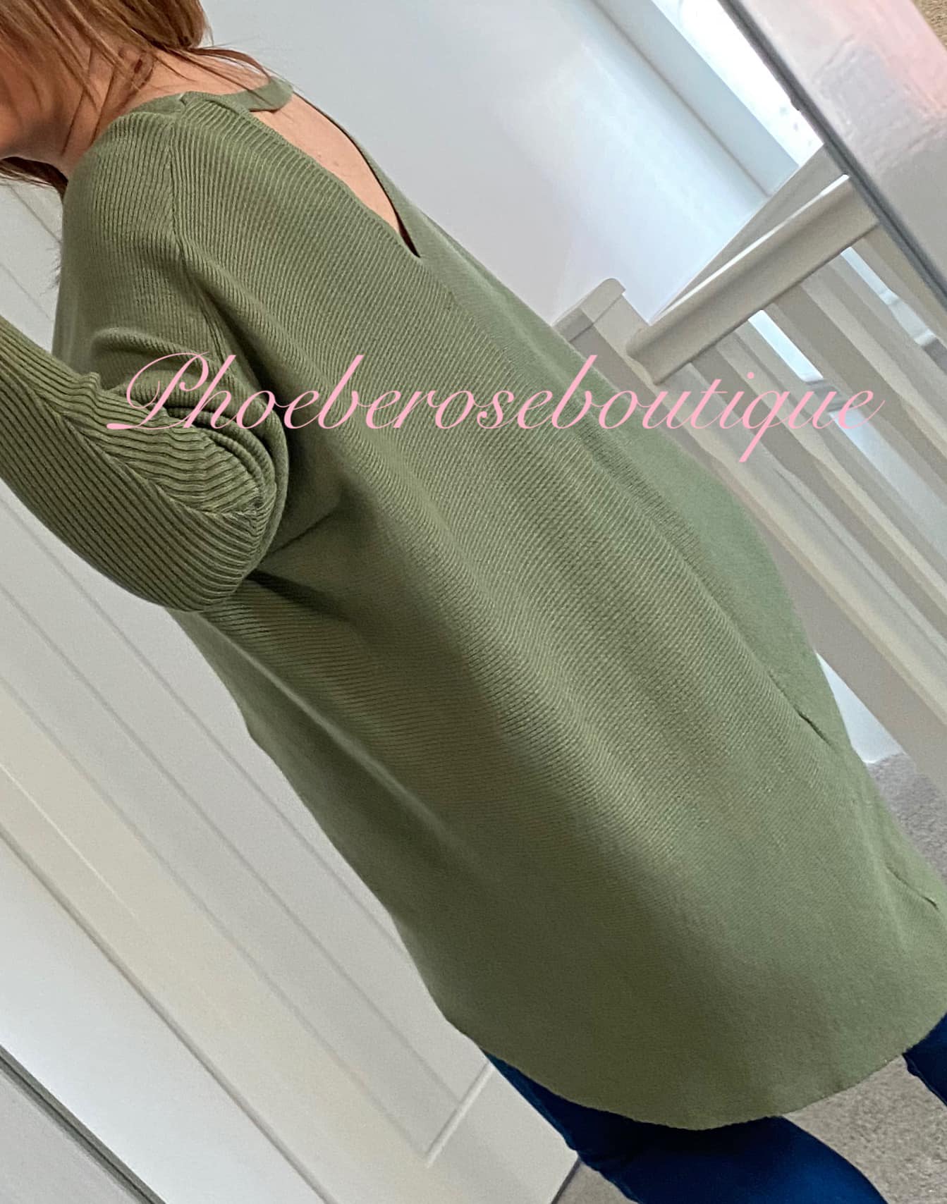 Soft Ribbed Slouch Cut Out Back Hi/Low Tunic/Jumper - Khaki - Image 3