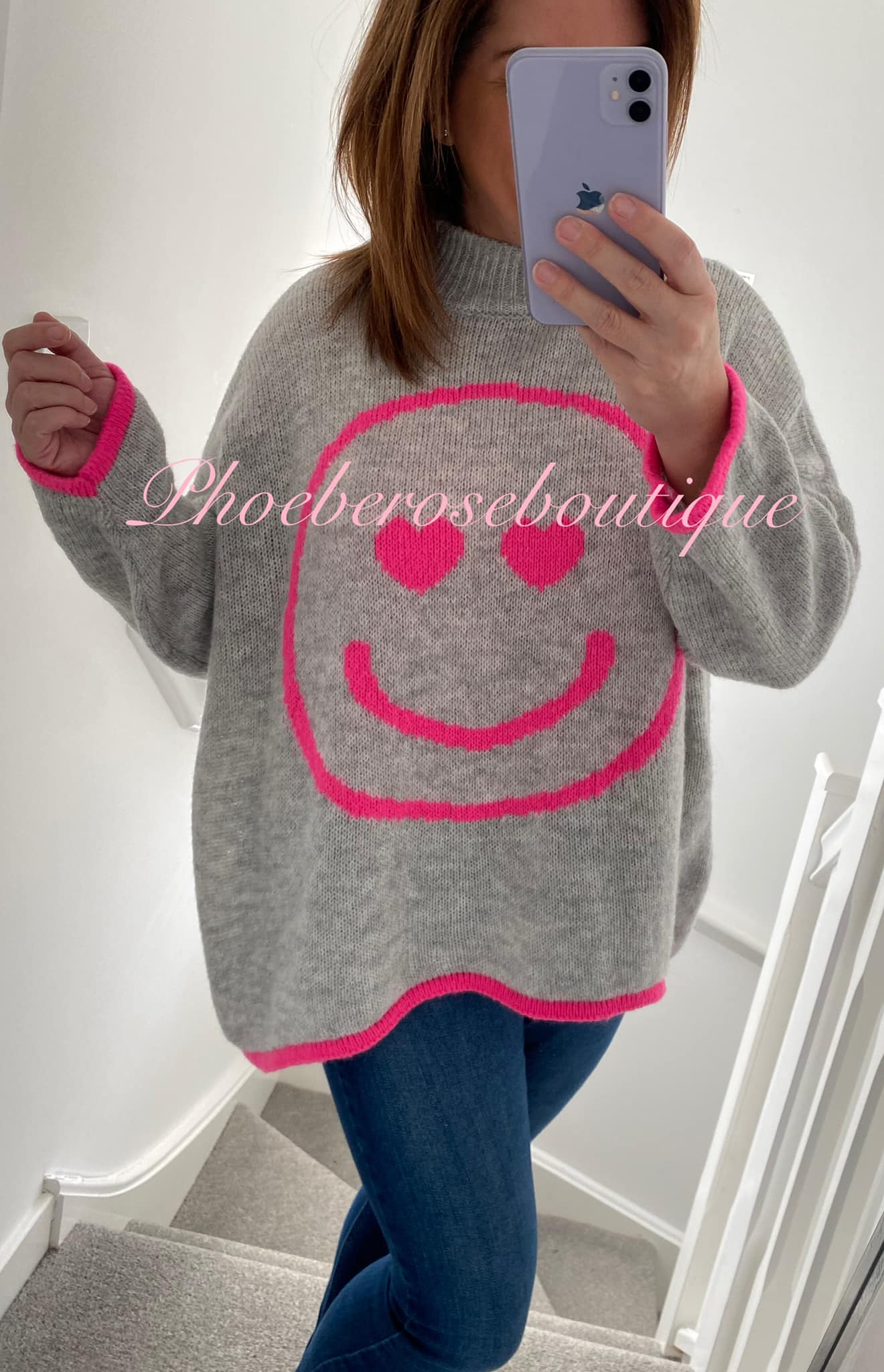 Lux Soft Knit Chunky SMILE Design Hi/Low Jumper - Soft Grey/Neon Pink - Image 3
