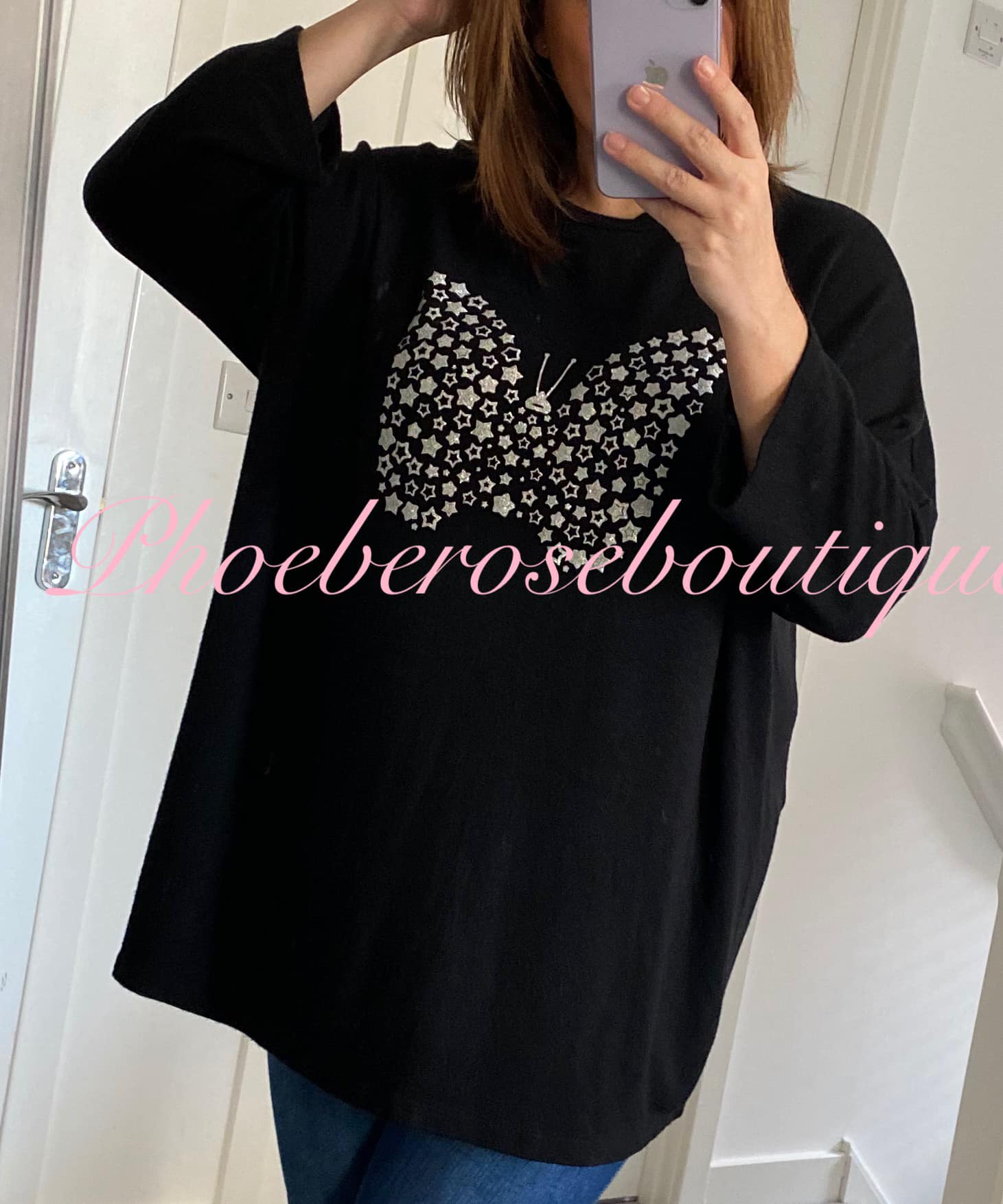 Glitter Butterfly Soft Brushed Jersey Short Sleeve Top - Black