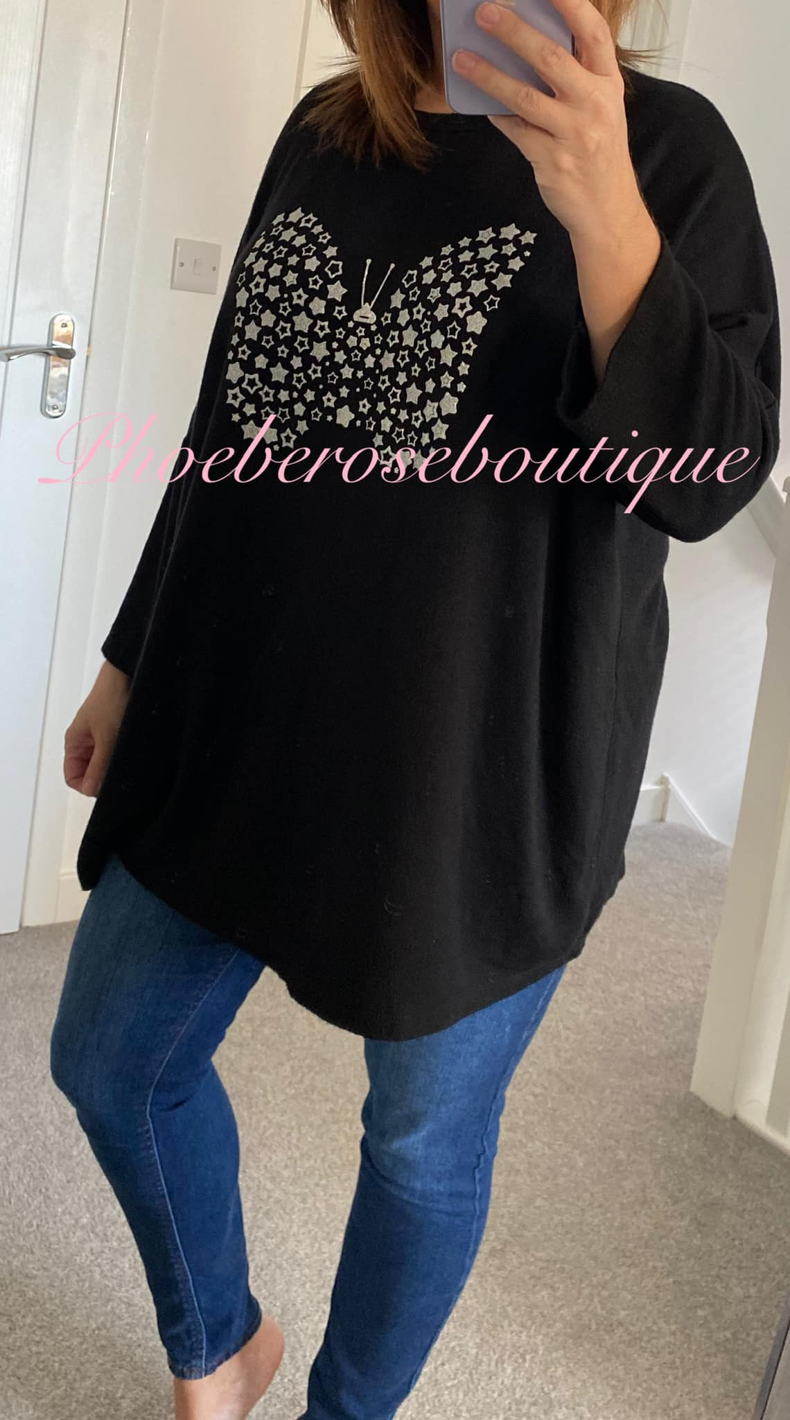 Glitter Butterfly Soft Brushed Jersey Short Sleeve Top - Black