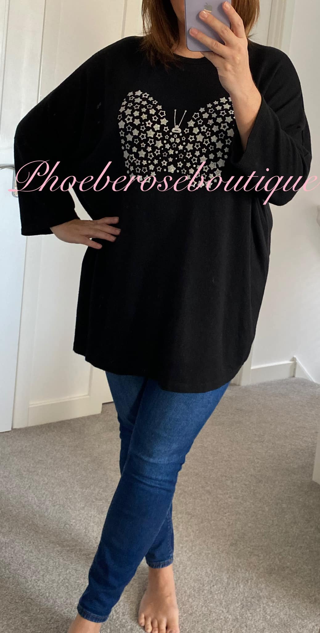 Glitter Butterfly Soft Brushed Jersey Short Sleeve Top - Black - Image 3