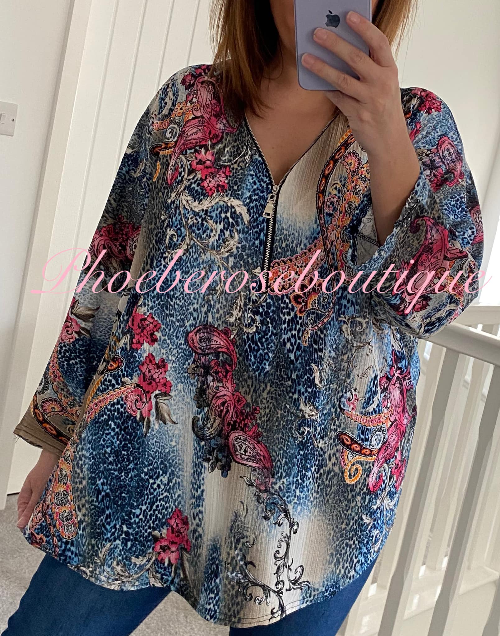 Zip Multi print Soft Lightweight Top - Blue Mix