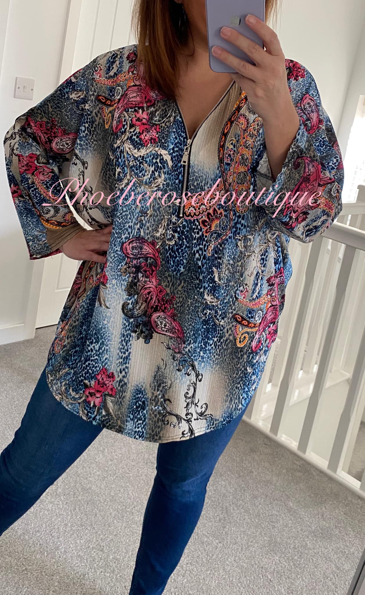 Zip Multi print Soft Lightweight Top - Blue Mix