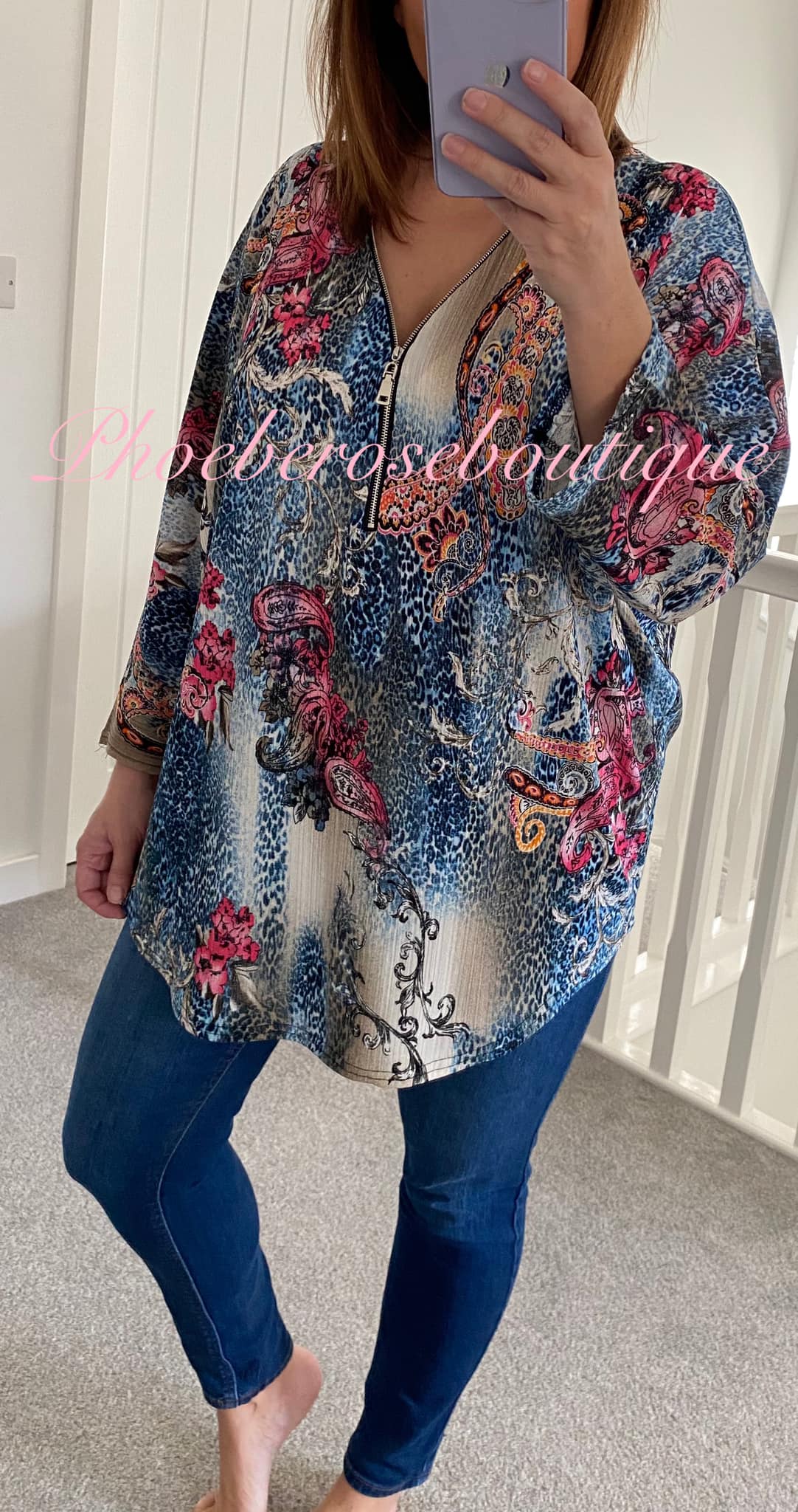 Zip Multi print Soft Lightweight Top - Blue Mix - Image 3