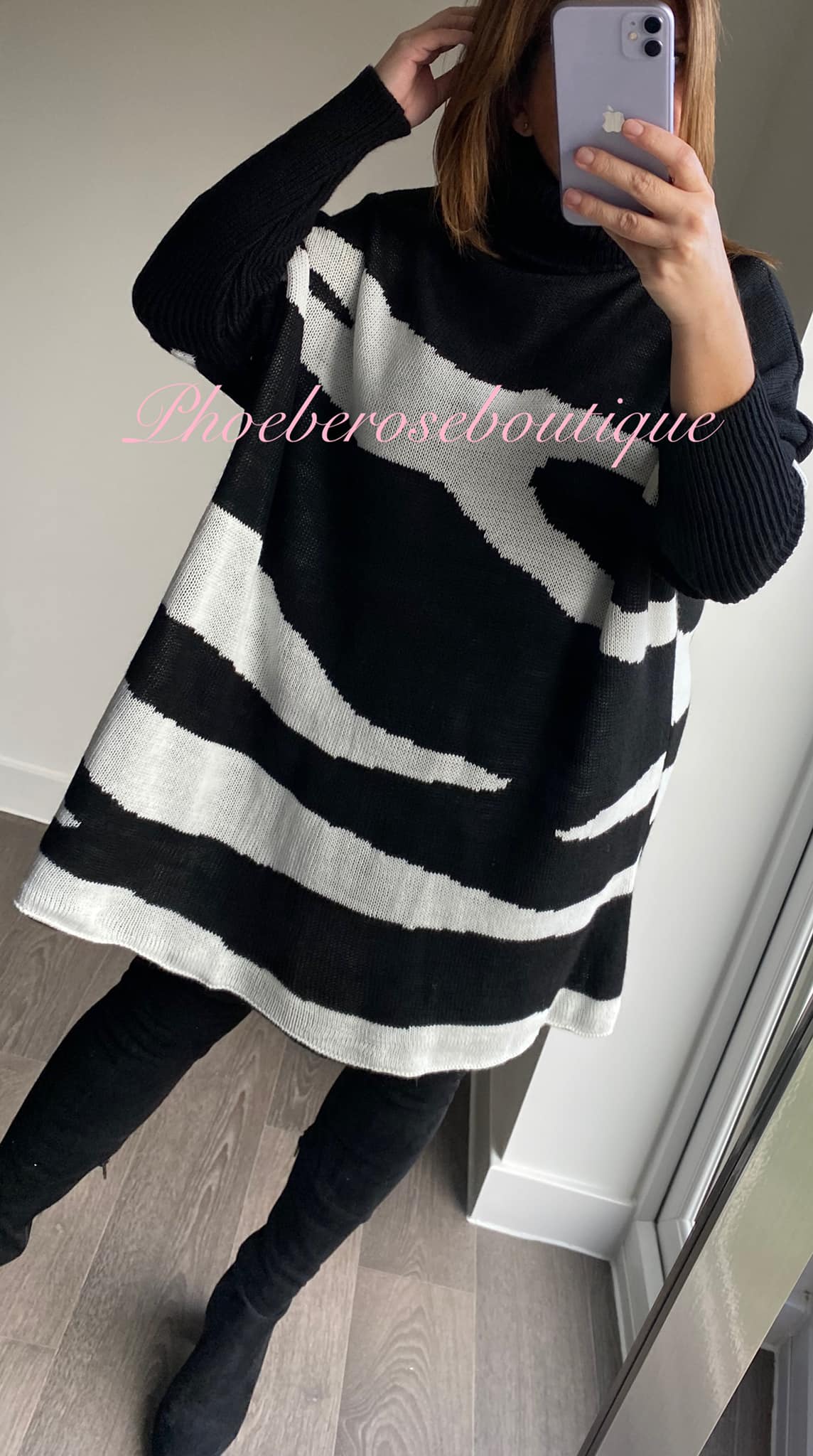 Animal Print Oversized Roll Neck Tunic Jumper - White/Black - Image 3