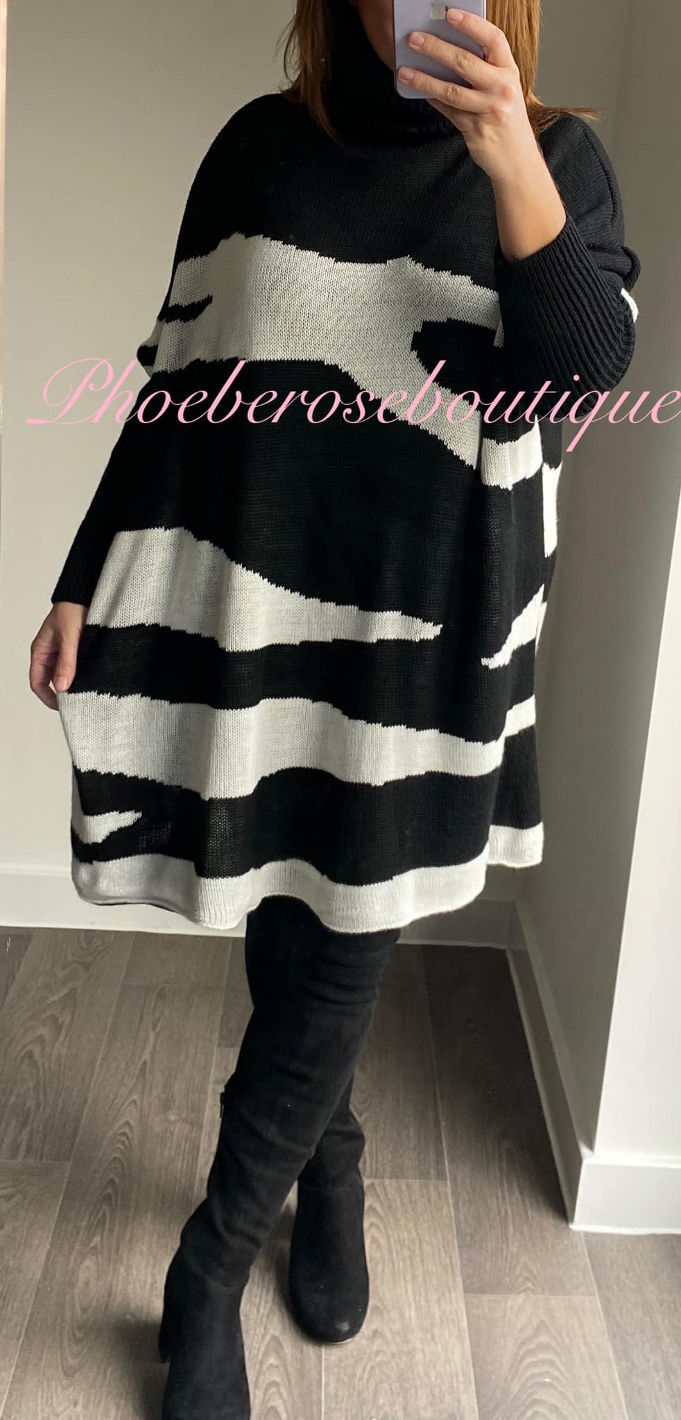 Animal Print Oversized Roll Neck Tunic Jumper - White/Black