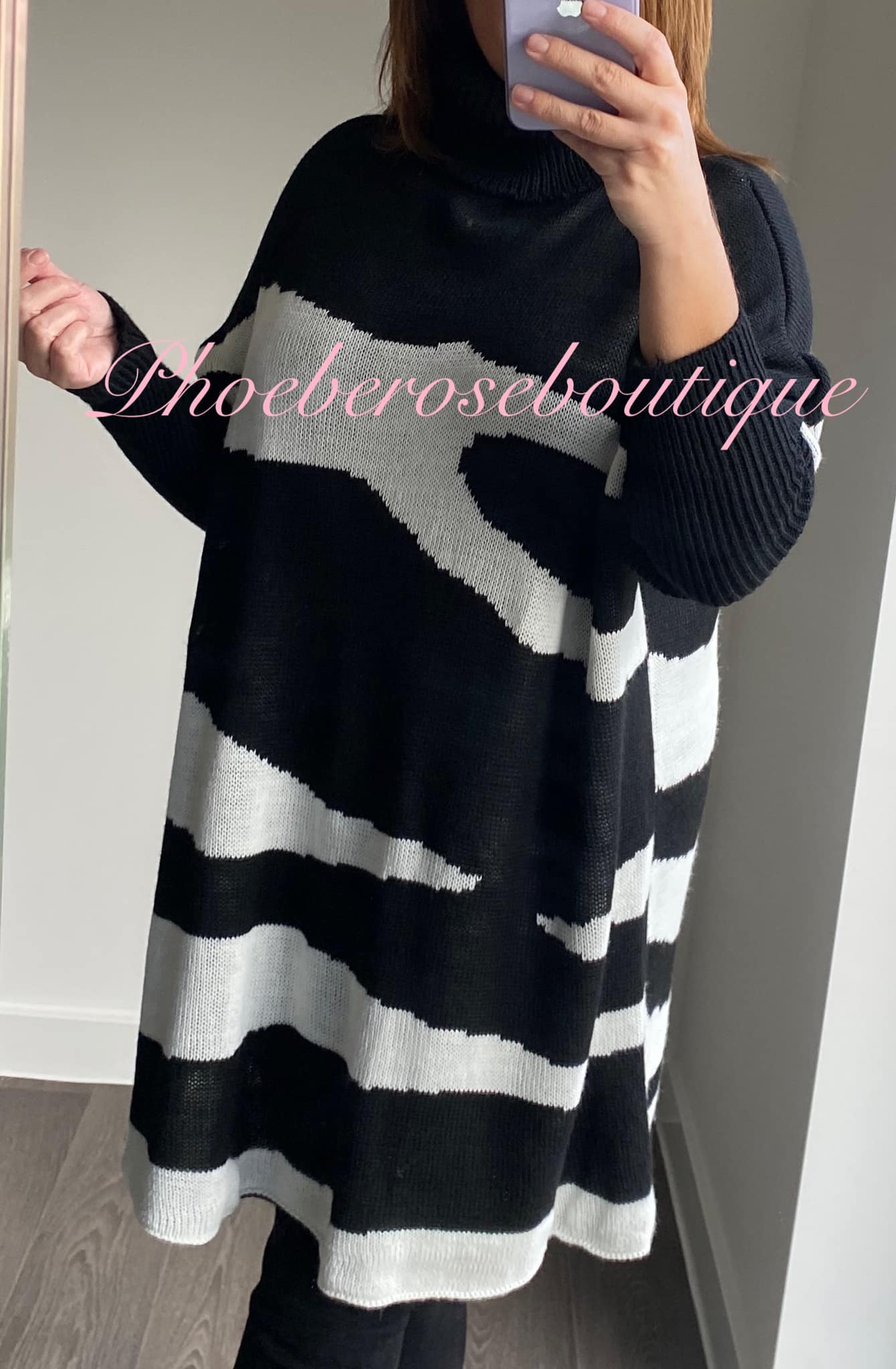 Animal Print Oversized Roll Neck Tunic Jumper - White/Black