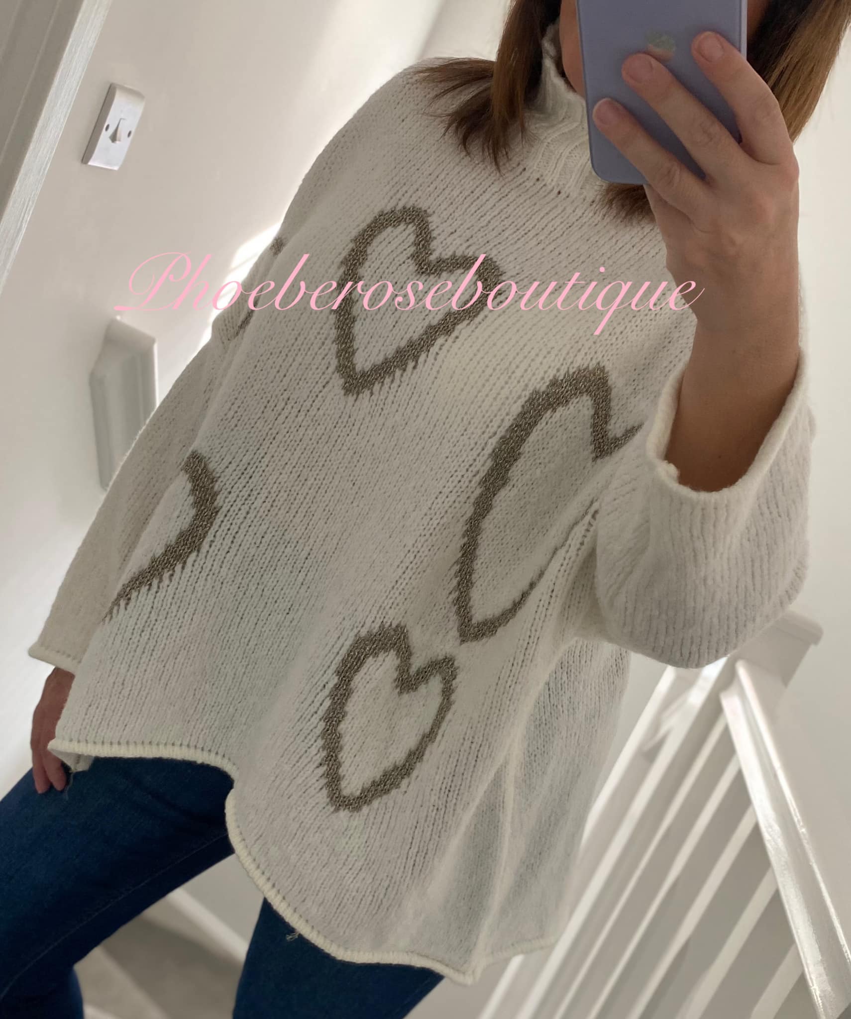 Lux Soft Knit Chunky Heart Design Hi/Low Jumper - Cream/Metallic Gold
