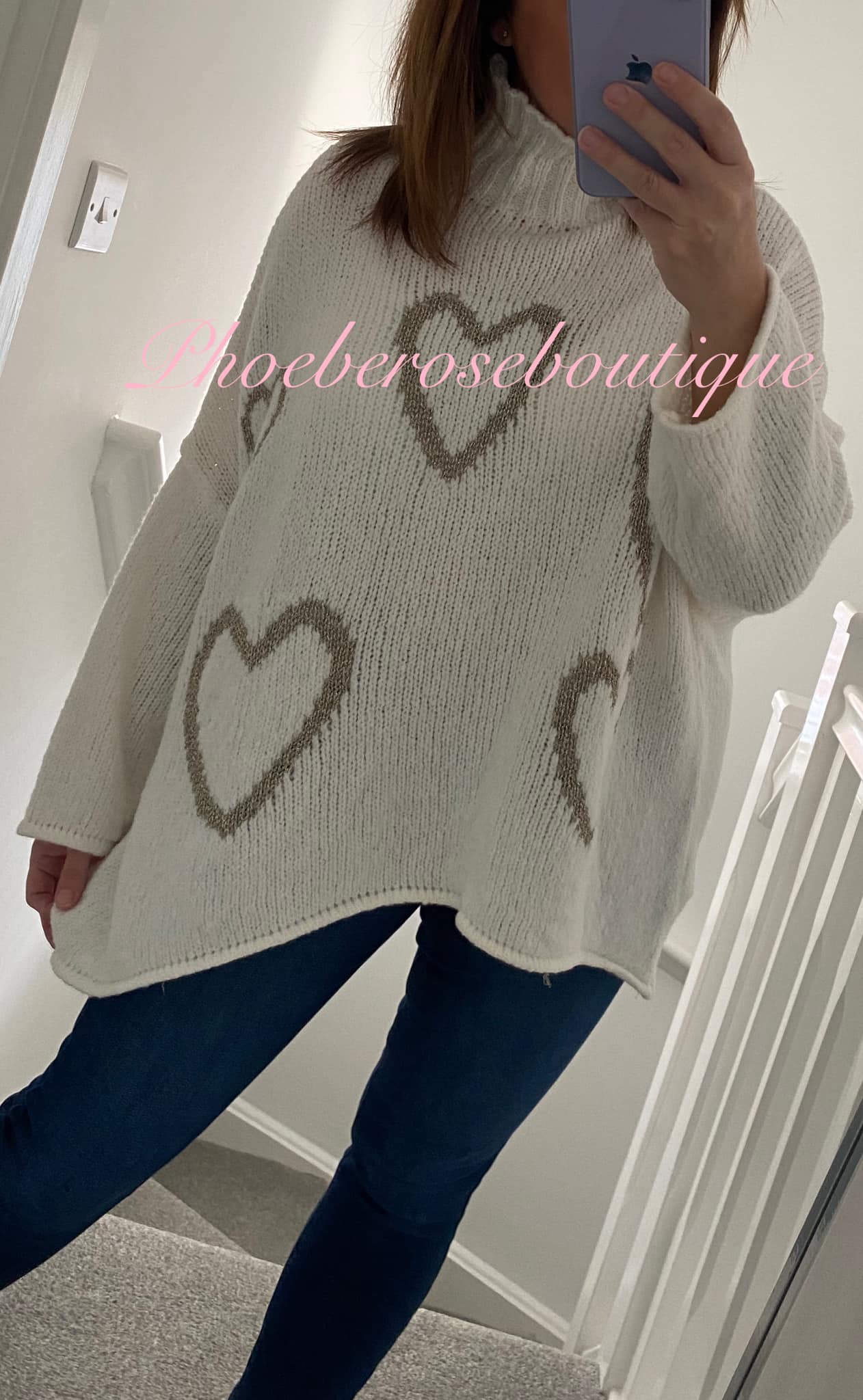 Lux Soft Knit Chunky Heart Design Hi/Low Jumper - Cream/Metallic Gold