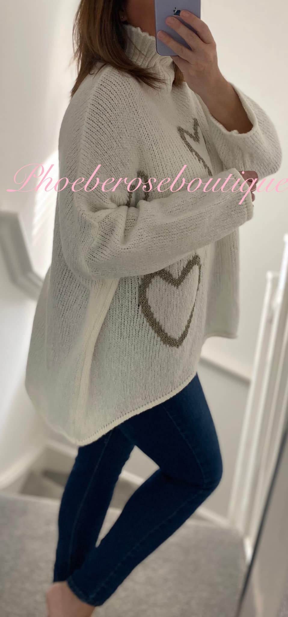 Lux Soft Knit Chunky Heart Design Hi/Low Jumper - Cream/Metallic Gold - Image 3