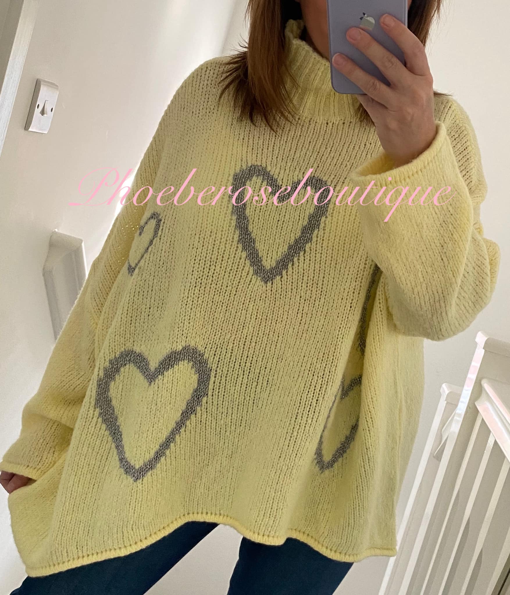 Lux Soft Knit Chunky Heart Design Hi/Low Jumper - Lemon/Metallic Silver