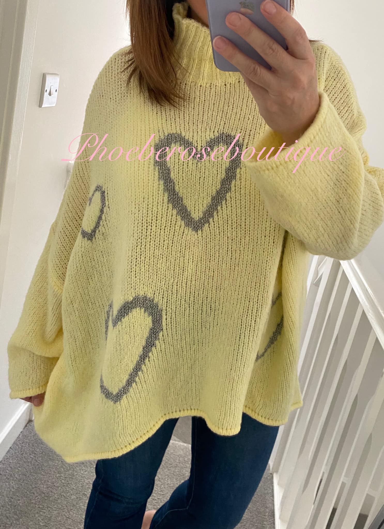 Lux Soft Knit Chunky Heart Design Hi/Low Jumper - Lemon/Metallic Silver - Image 3