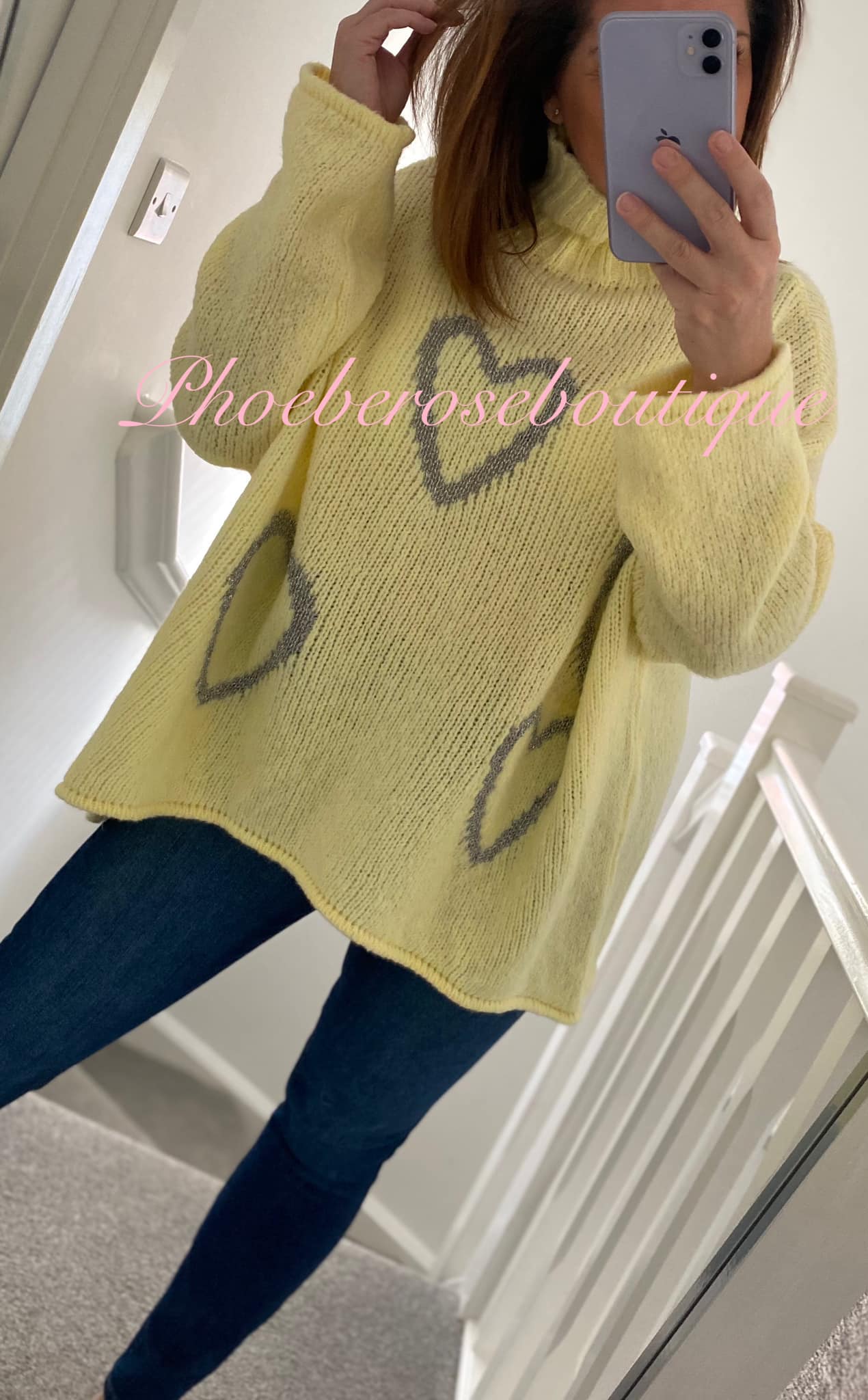 Lux Soft Knit Chunky Heart Design Hi/Low Jumper - Lemon/Metallic Silver