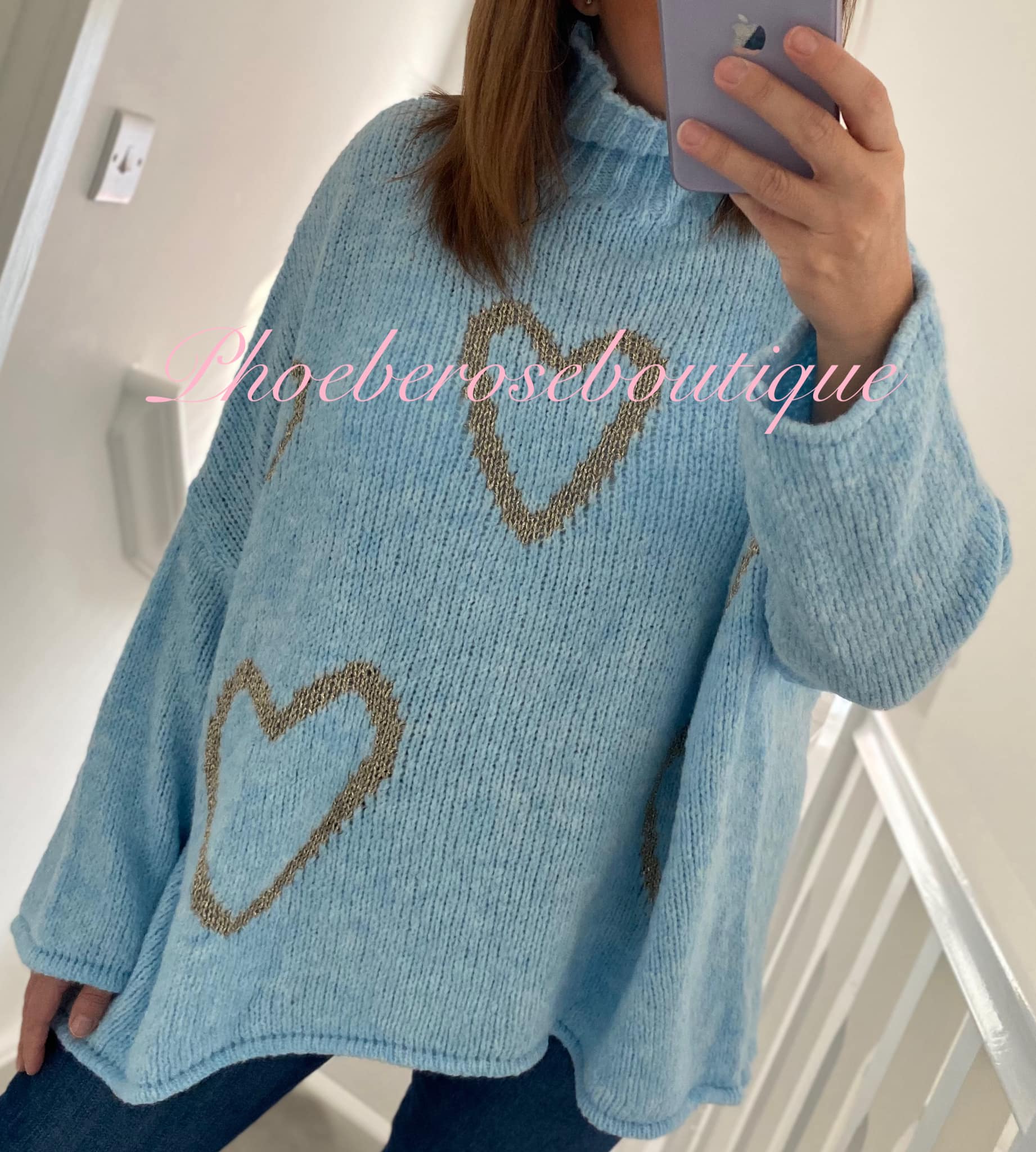 Lux Soft Knit Chunky Heart Design Hi/Low Jumper - Baby Blue/Metallic Gold