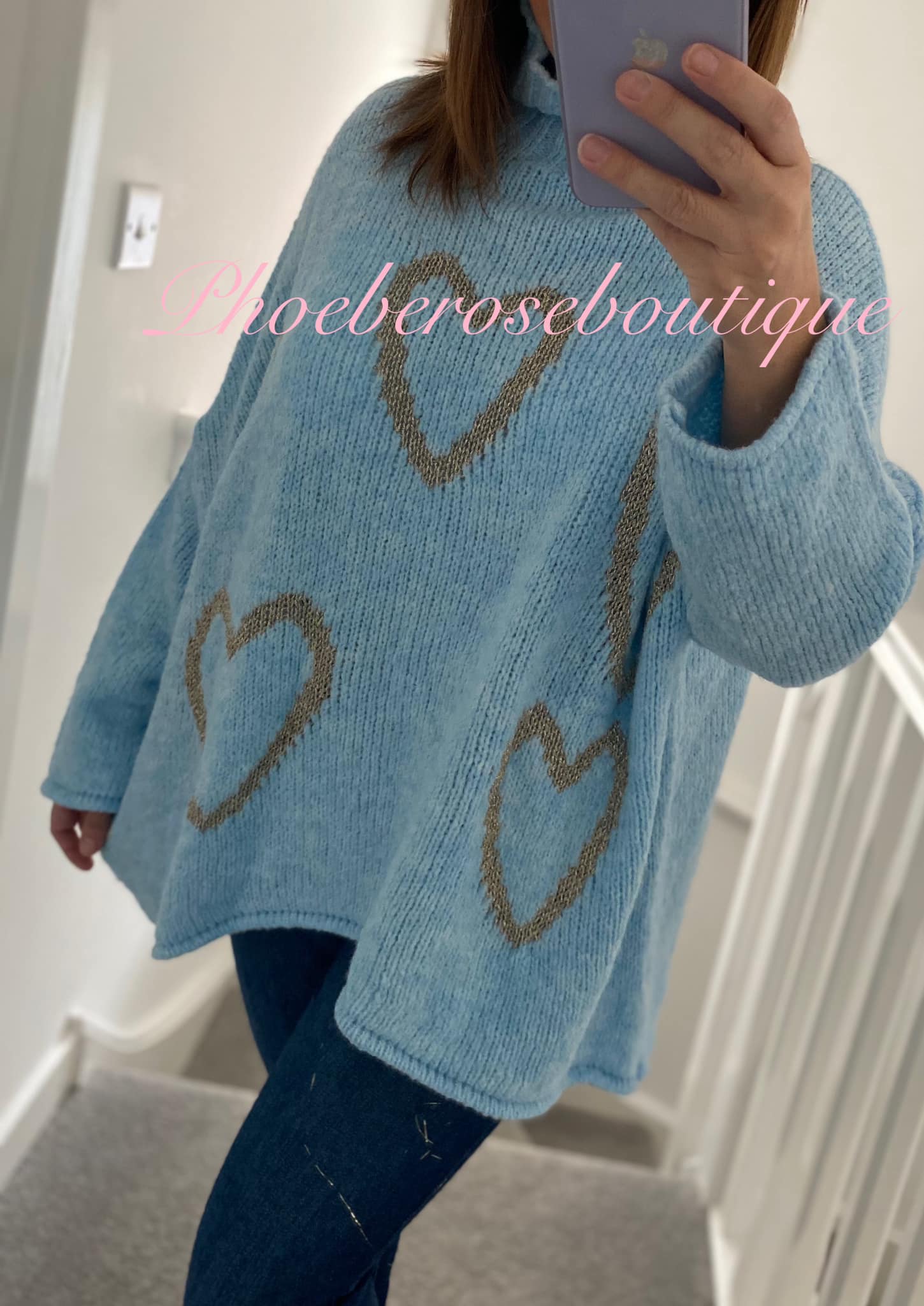 Lux Soft Knit Chunky Heart Design Hi/Low Jumper - Baby Blue/Metallic Gold
