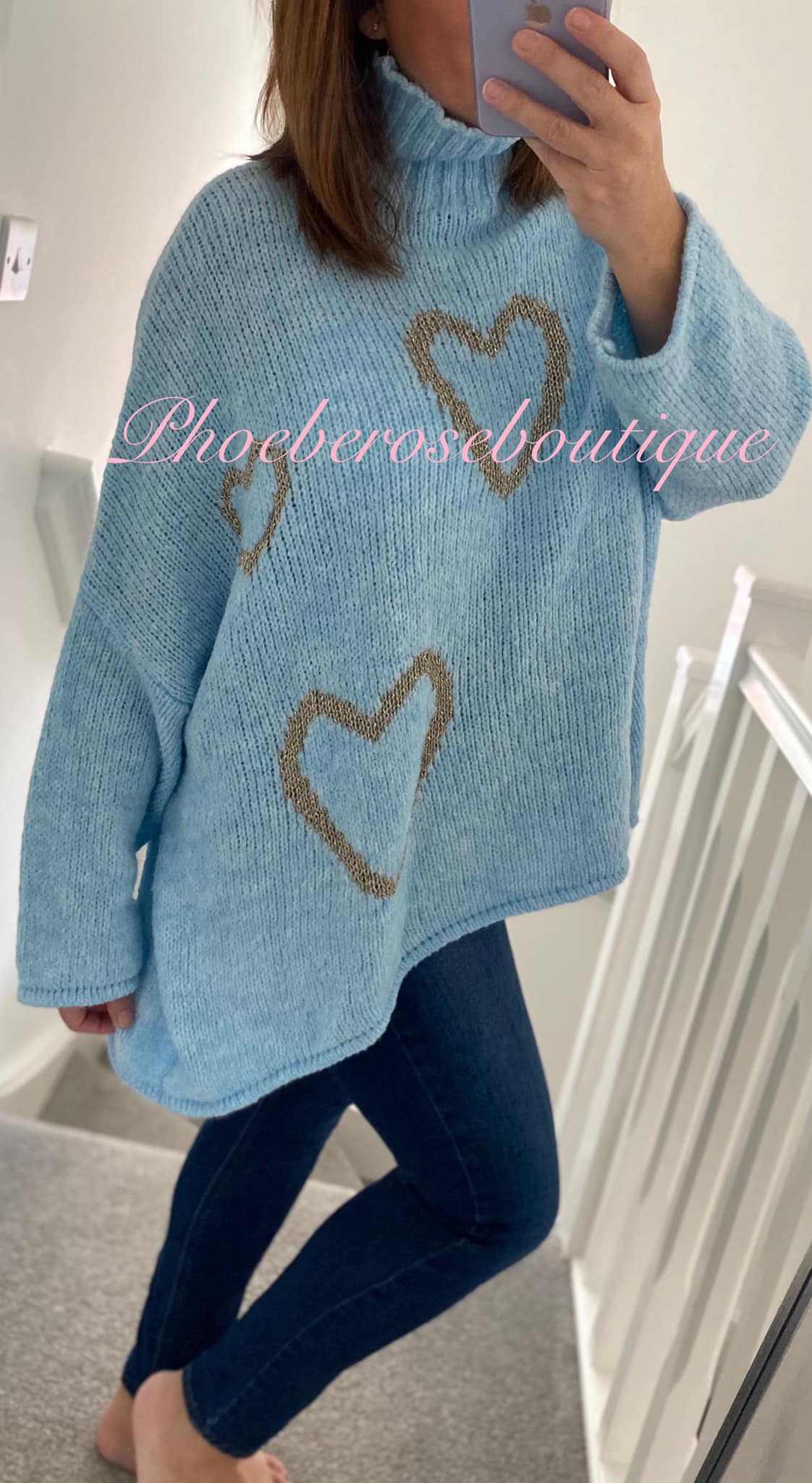 Lux Soft Knit Chunky Heart Design Hi/Low Jumper - Baby Blue/Metallic Gold - Image 3