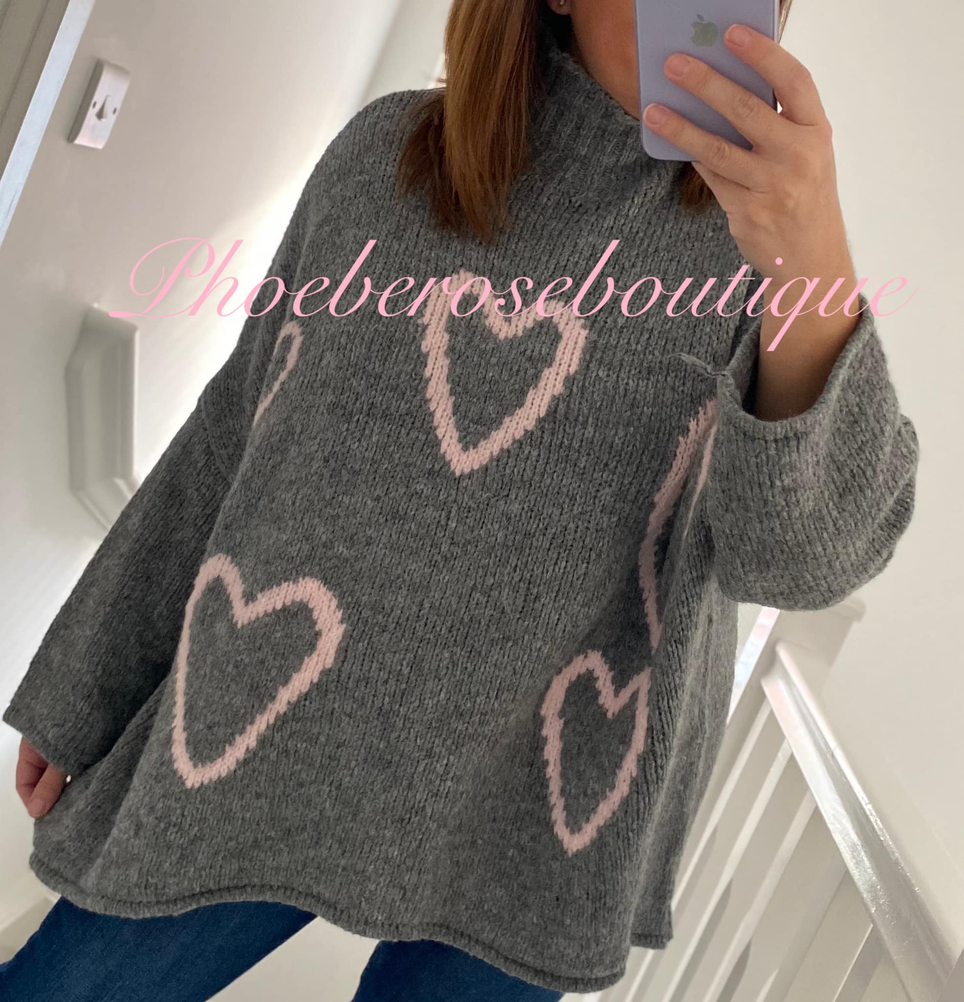 Lux Soft Knit Chunky Heart Design Hi/Low Jumper - Soft Grey/Baby Pink