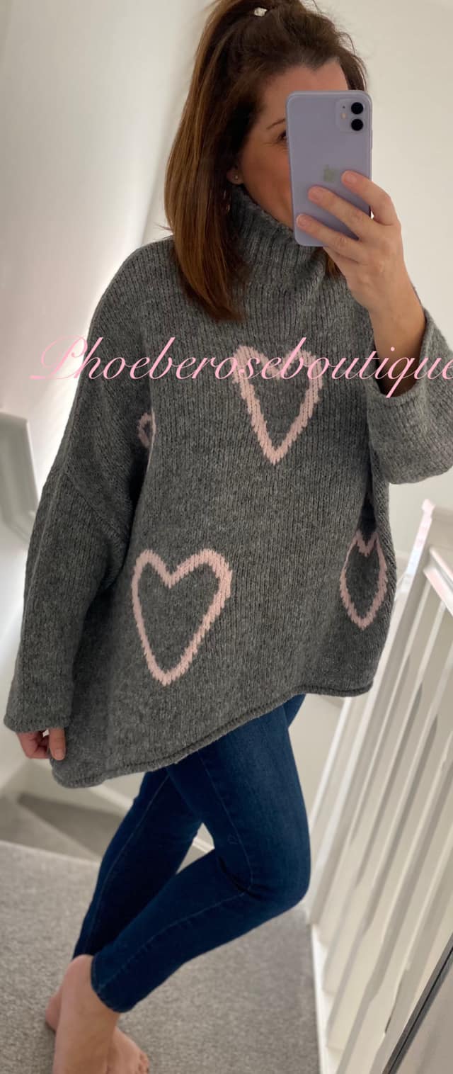 Lux Soft Knit Chunky Heart Design Hi/Low Jumper - Soft Grey/Baby Pink