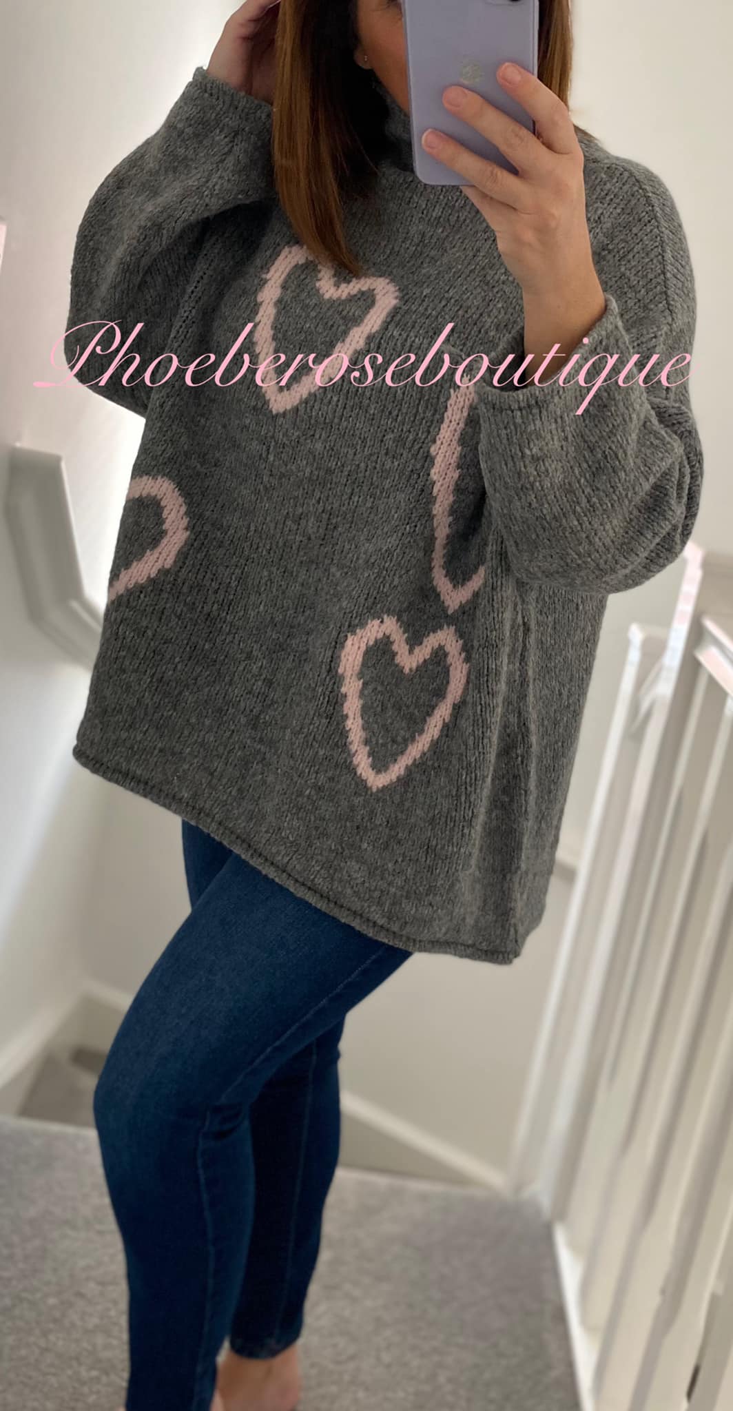 Lux Soft Knit Chunky Heart Design Hi/Low Jumper - Soft Grey/Baby Pink - Image 3