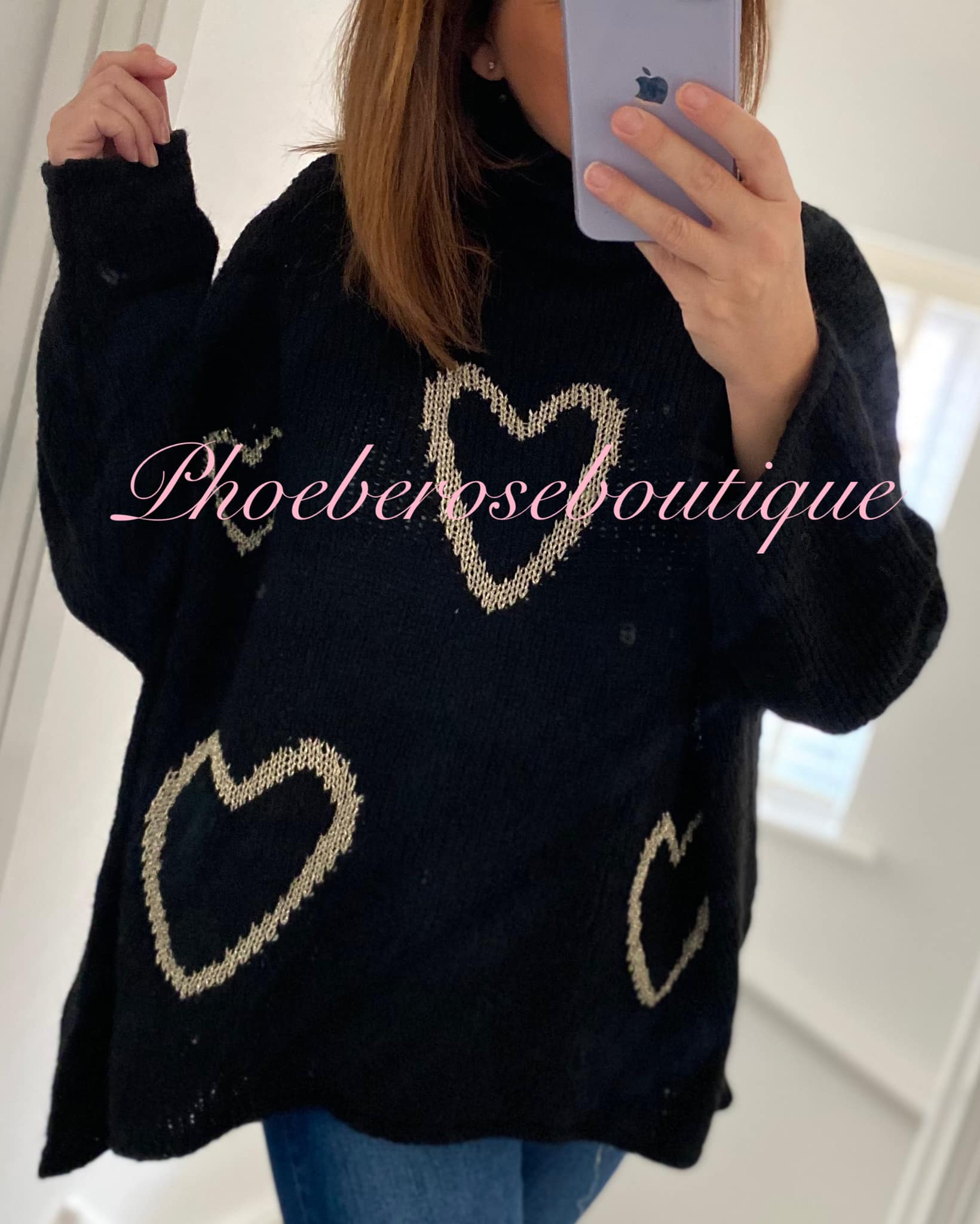 Lux Soft Knit Chunky Heart Design Hi/Low Jumper - Black/Metallic Gold