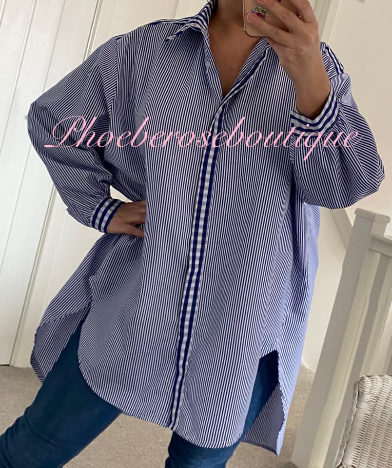 Striped/Gingham Mix Oversized Hi/Low Shirt - Dark Blue