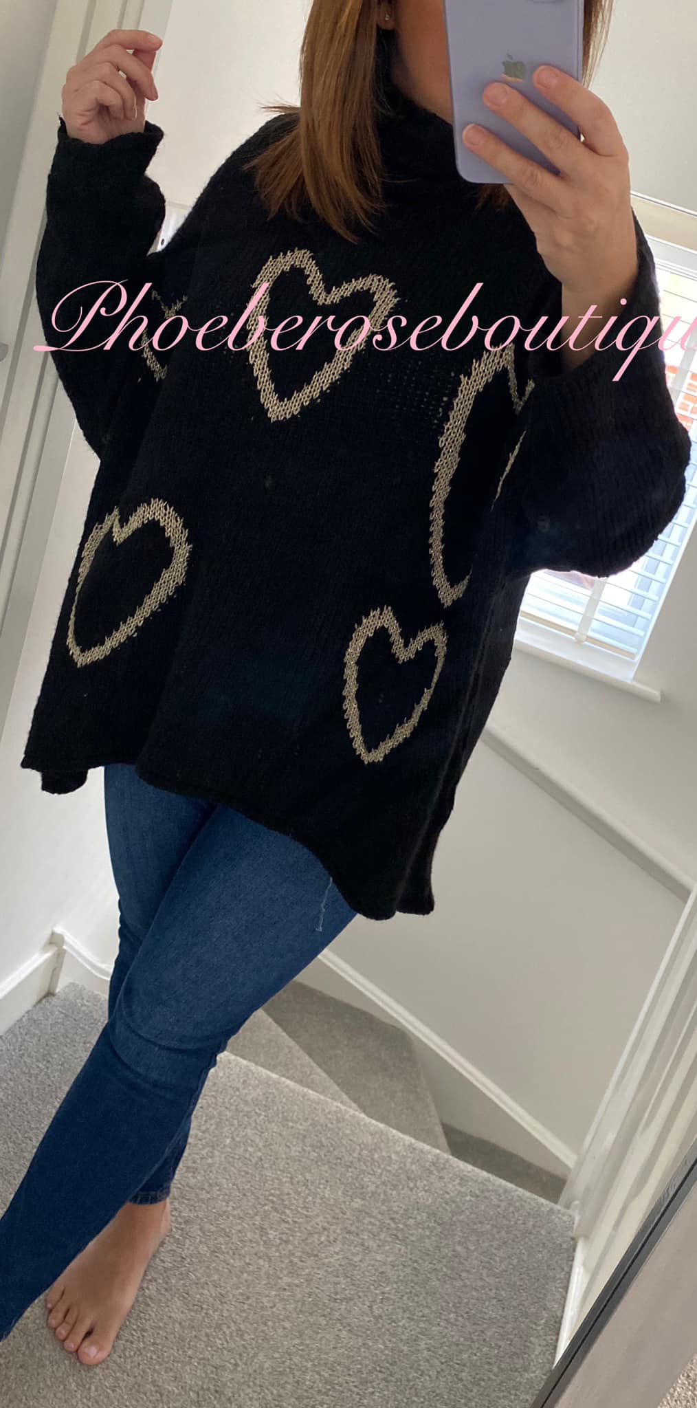 Lux Soft Knit Chunky Heart Design Hi/Low Jumper - Black/Metallic Gold - Image 3