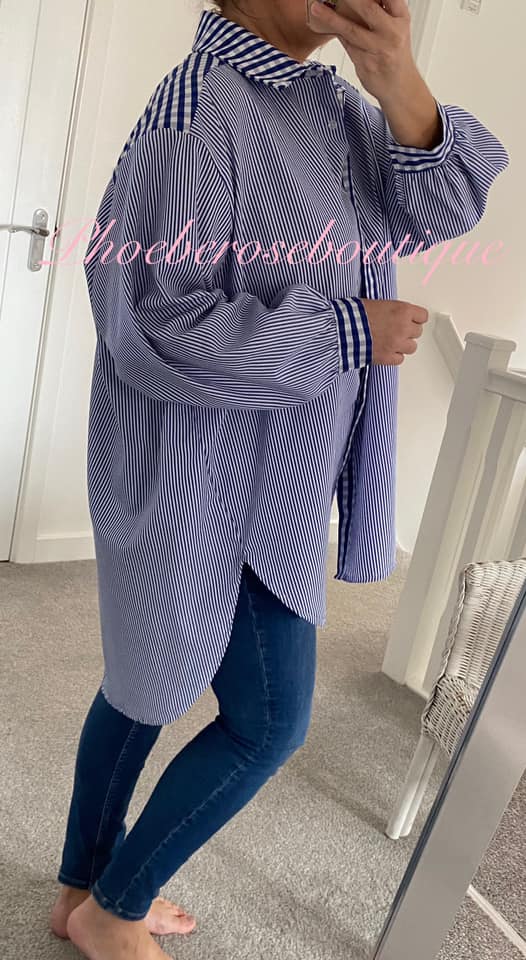 Striped/Gingham Mix Oversized Hi/Low Shirt - Dark Blue