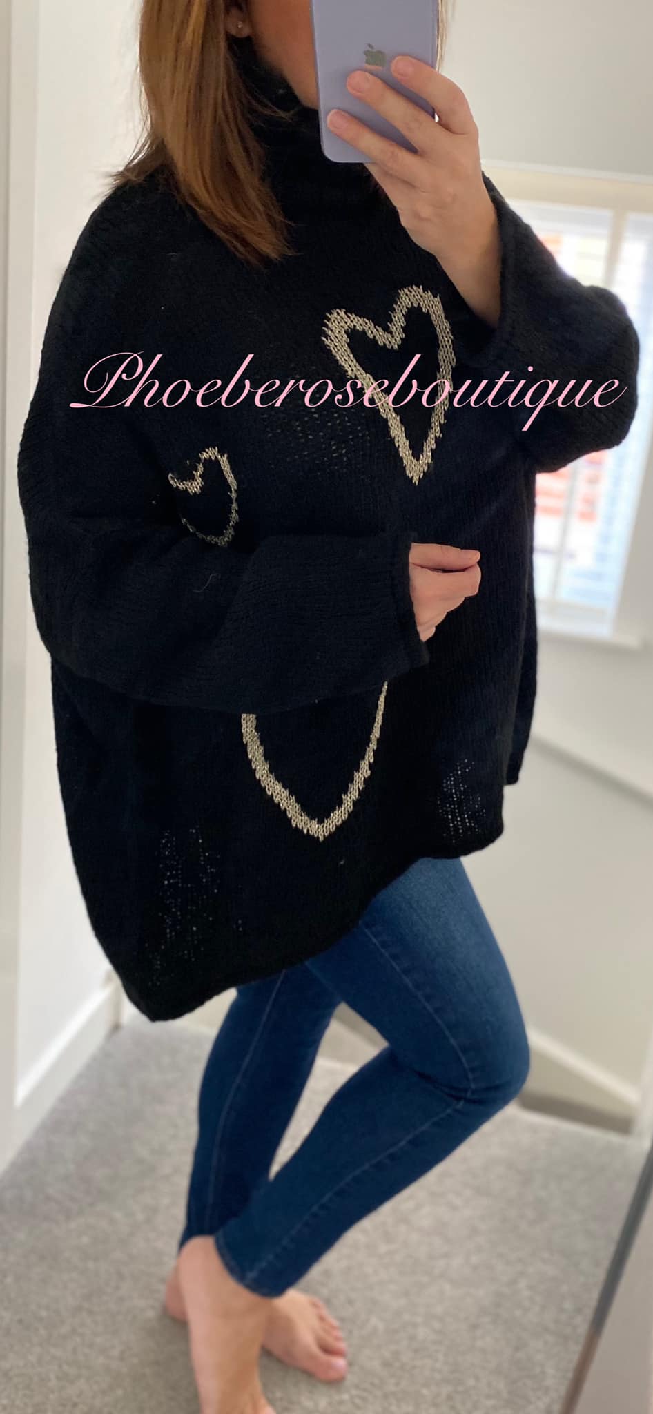 Lux Soft Knit Chunky Heart Design Hi/Low Jumper - Black/Metallic Gold