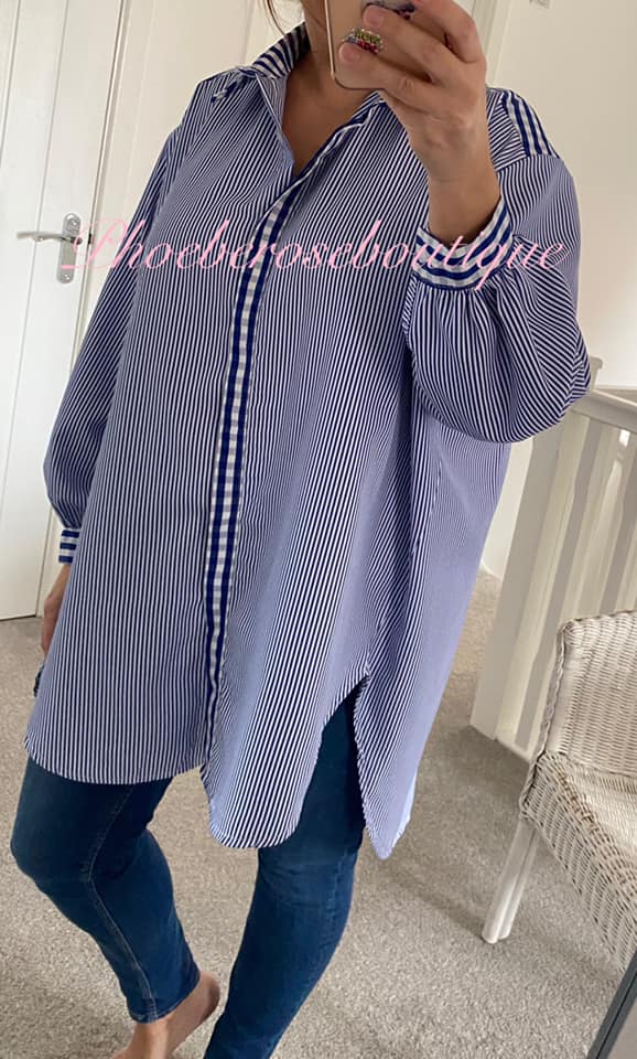 Striped/Gingham Mix Oversized Hi/Low Shirt - Dark Blue - Image 3