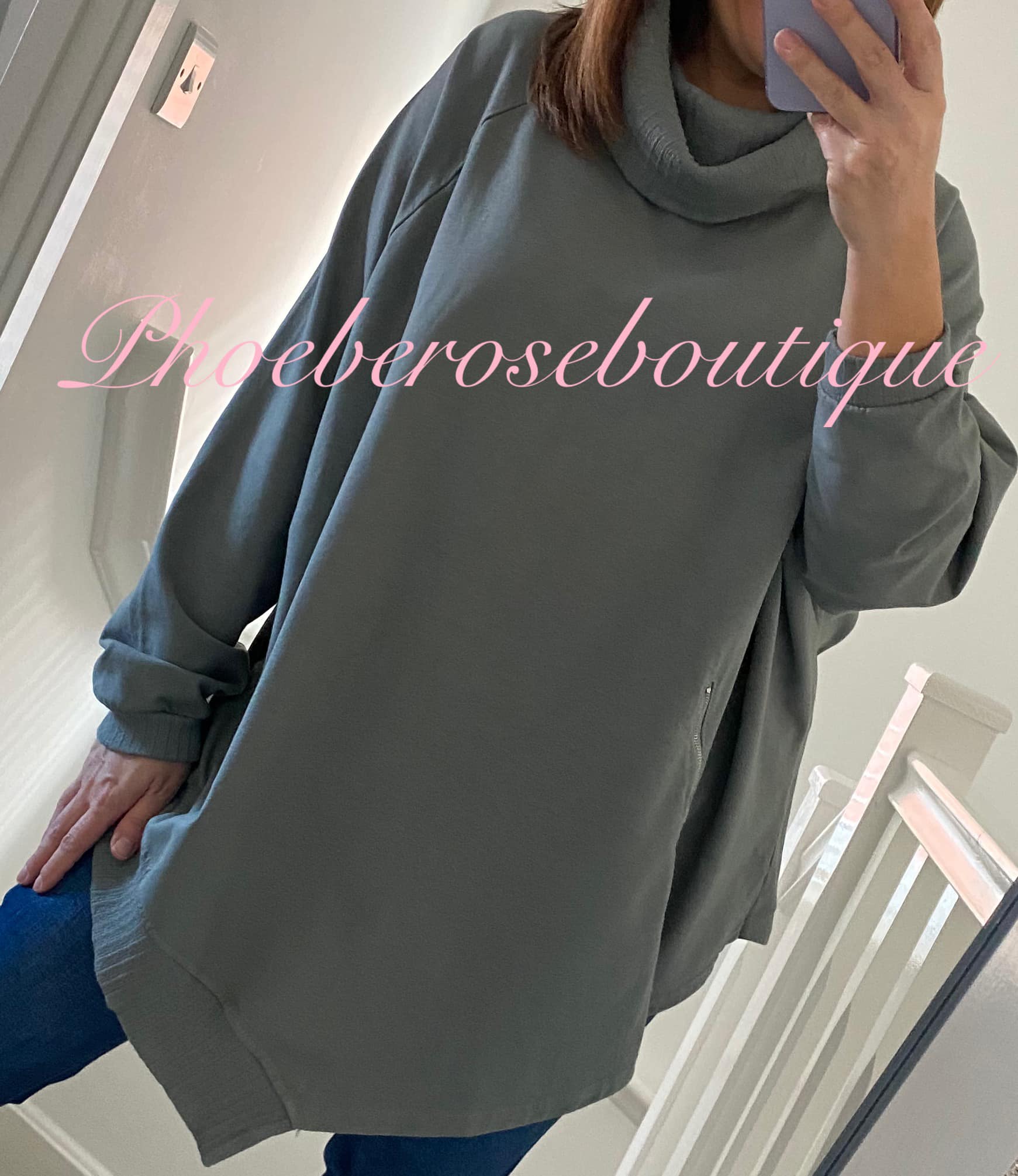 Lux Soft Sweat Asymmetric Zip Slouch Neck Top - Grey