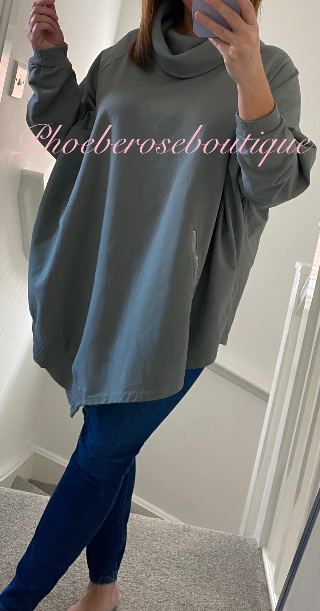 Lux Soft Sweat Asymmetric Zip Slouch Neck Top - Grey - Image 3