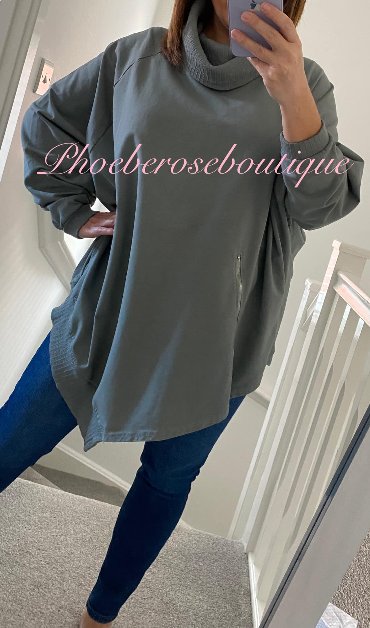 Lux Soft Sweat Asymmetric Zip Slouch Neck Top - Grey