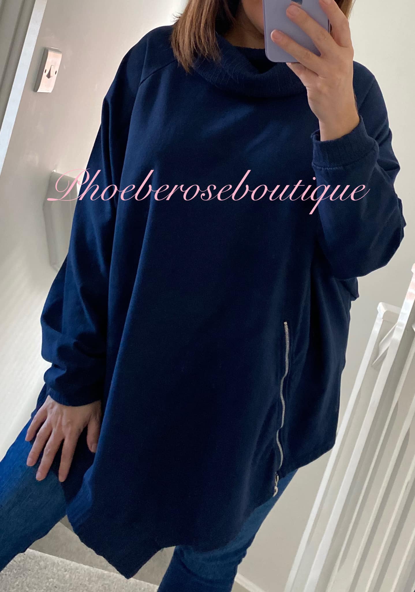 Lux Soft Sweat Asymmetric Zip Slouch Neck Top - Navy