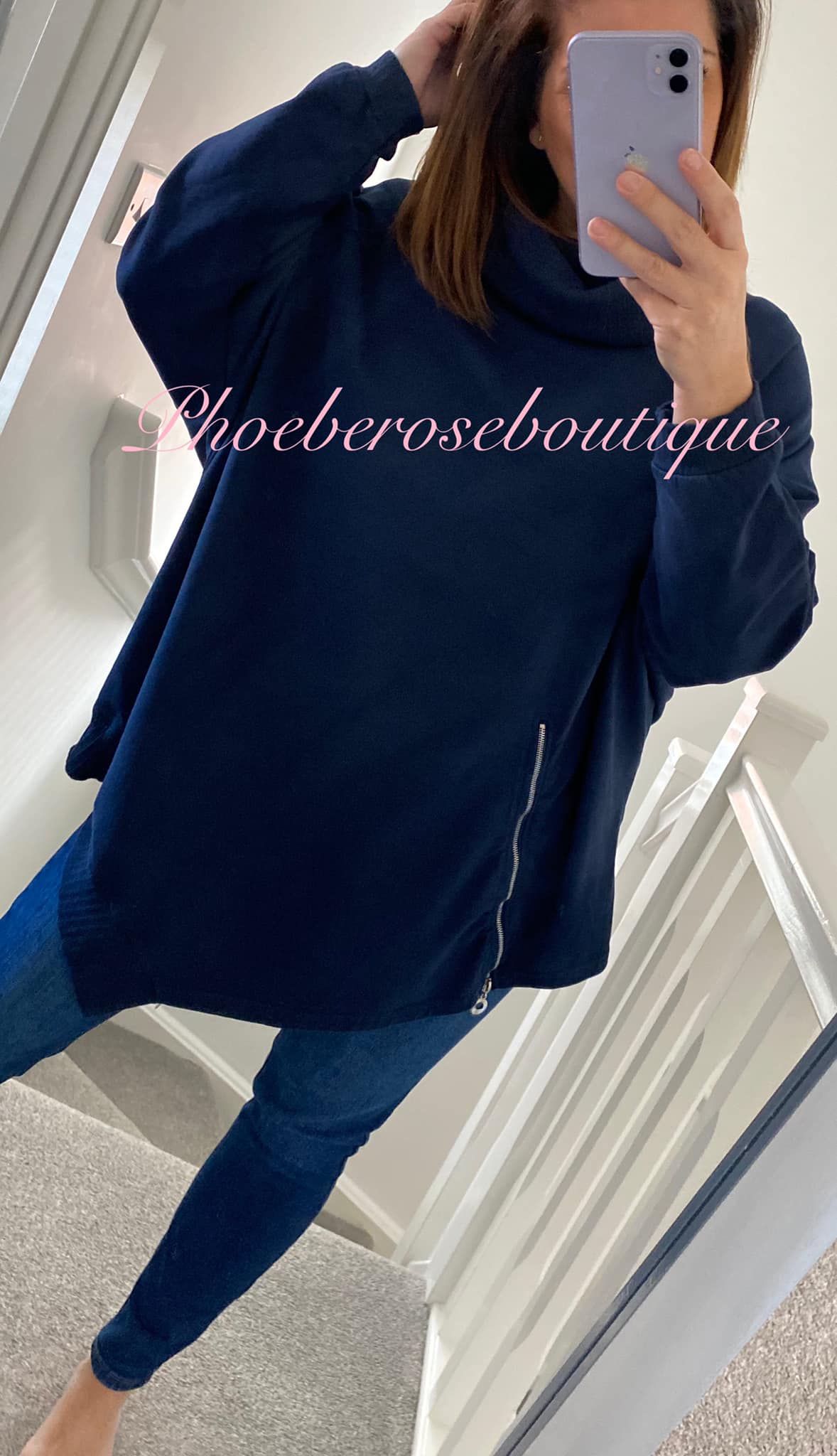 Lux Soft Sweat Asymmetric Zip Slouch Neck Top - Navy