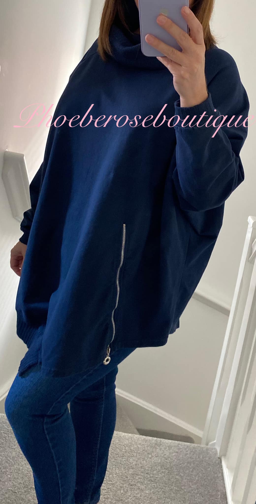 Lux Soft Sweat Asymmetric Zip Slouch Neck Top - Navy - Image 3