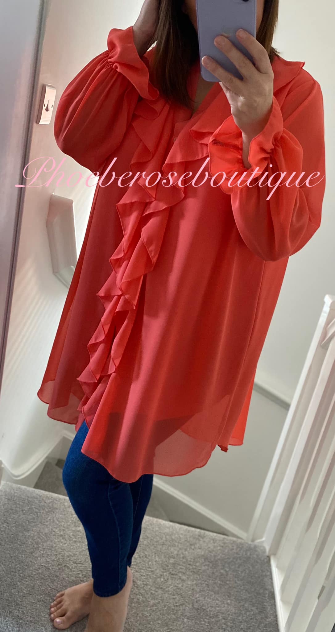 Chiffon Ruffle Front Oversized Shirt/Tunic - Coral