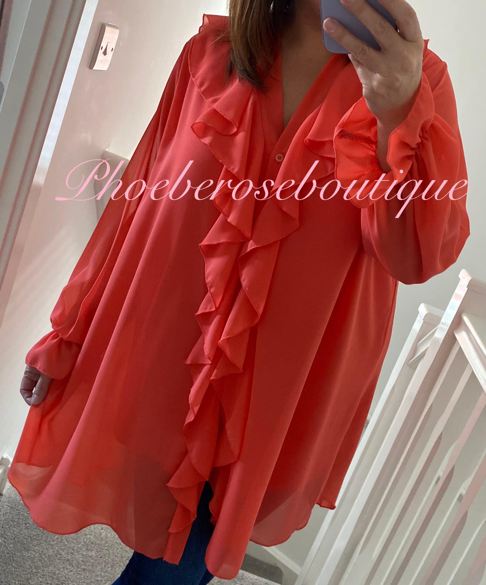 Chiffon Ruffle Front Oversized Shirt/Tunic - Coral