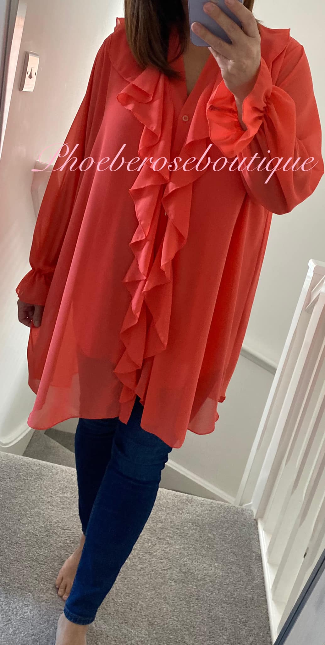 Chiffon Ruffle Front Oversized Shirt/Tunic - Coral - Image 3