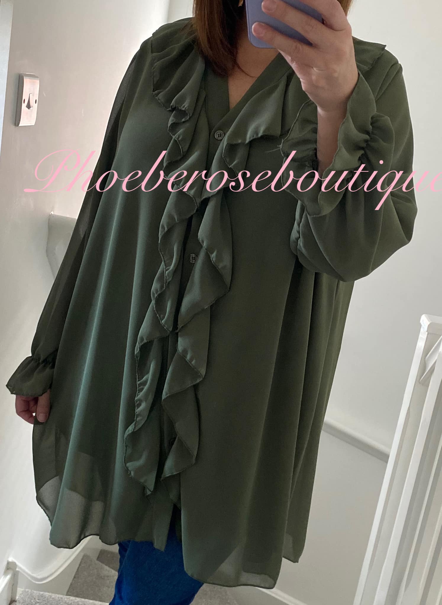 Chiffon Ruffle Front Oversized Shirt/Tunic - Khaki