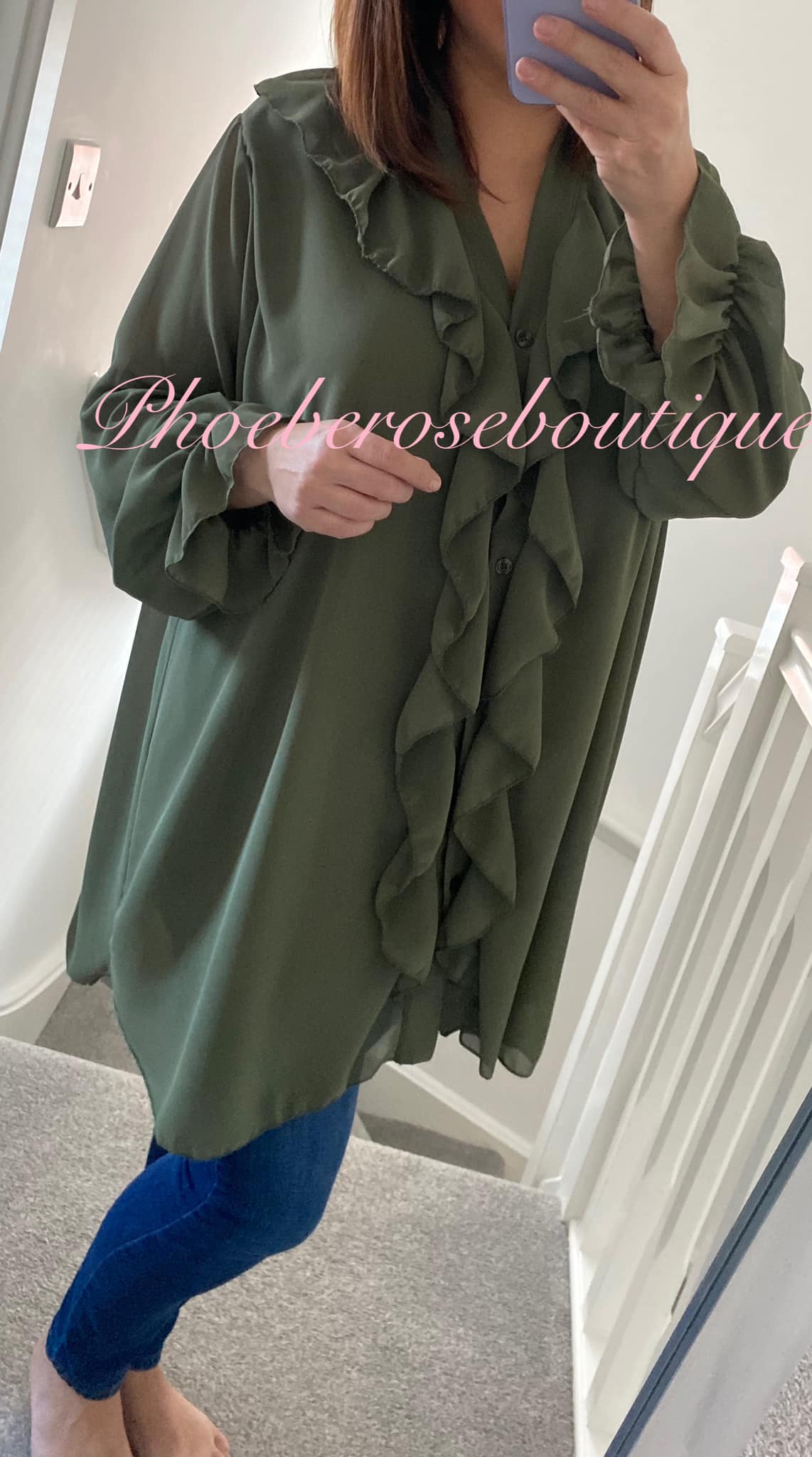 Chiffon Ruffle Front Oversized Shirt/Tunic - Khaki - Image 3