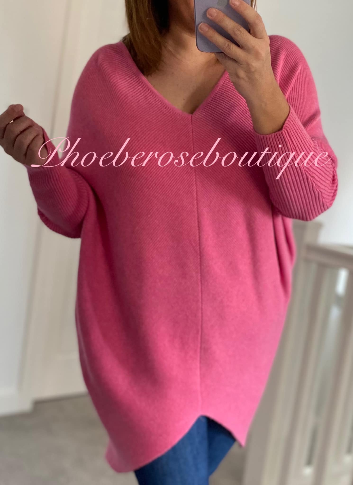 Soft Ribbed Slouch Cut Out Back Hi/Low Tunic/Jumper - Hot Pink
