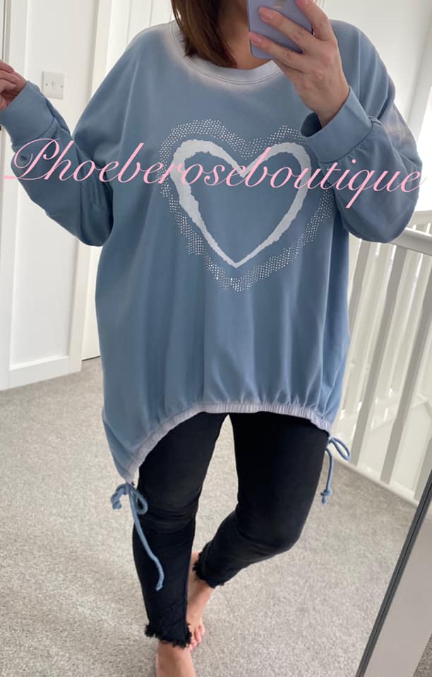 Sparkly Heart Hi/Low Soft Sweat Feel Draw Hem Top - Soft Blue - Image 3