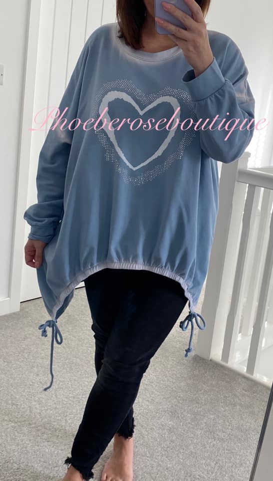 Sparkly Heart Hi/Low Soft Sweat Feel Draw Hem Top - Soft Blue