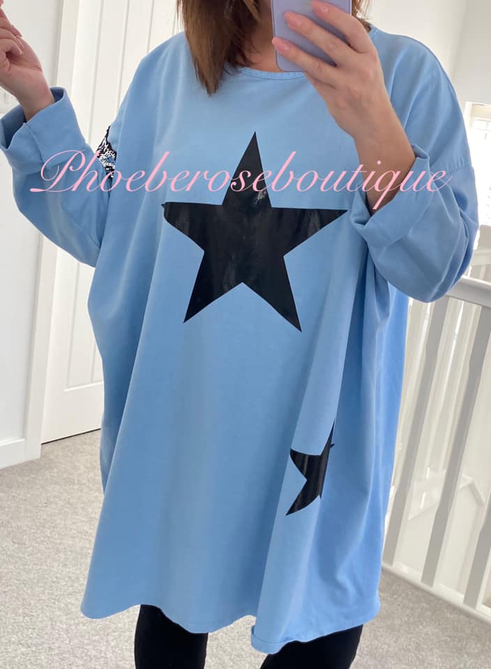 Oversized Lightweight Sweat Star Embellished Tunic/Top - Beautiful Blue