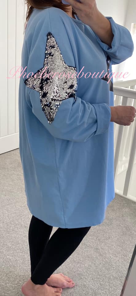 Oversized Lightweight Sweat Star Embellished Tunic/Top - Beautiful Blue - Image 3