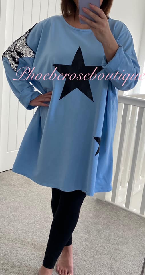 Oversized Lightweight Sweat Star Embellished Tunic/Top - Beautiful Blue